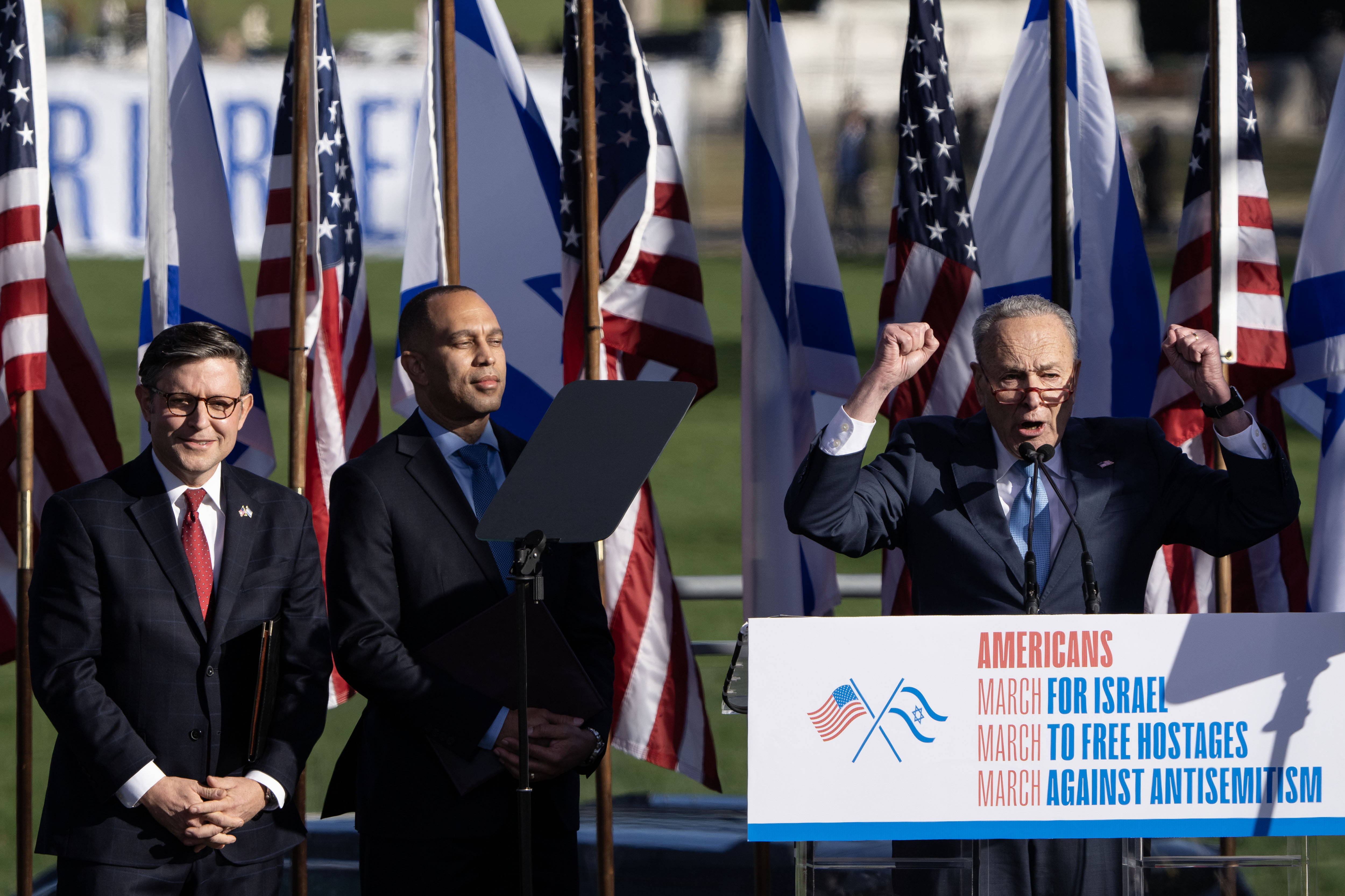 Democratic Leader Rep. Hakeem Jeffries (center) traveled to Israel four times with AIPAC between 2012 and 2023, most recently leading a Democratic delegation in August 2023.