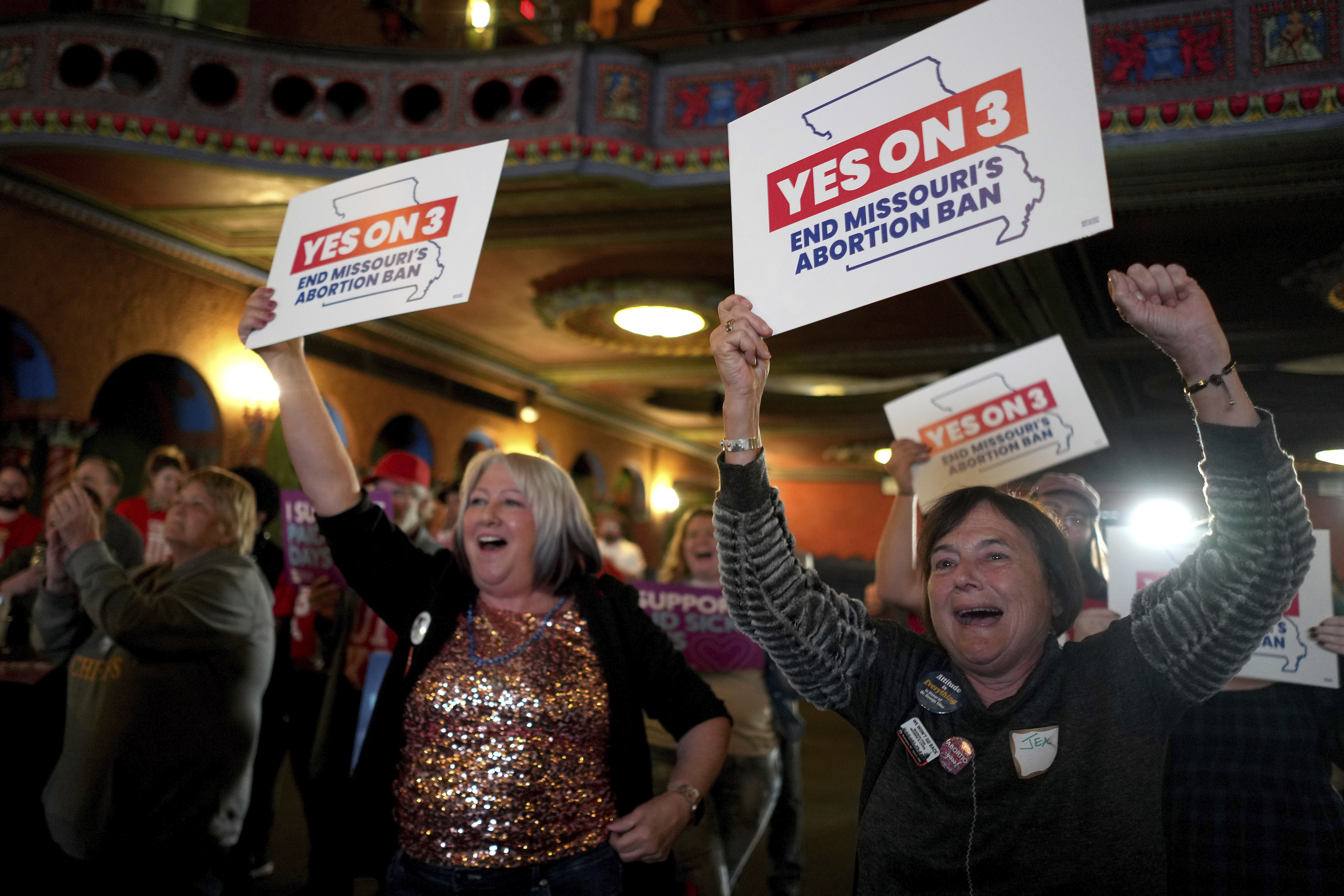 People at a election night watch party react after an abortion rights amendment to the Missouri constitution passed Nov. 5, in Kansas City, Missouri.