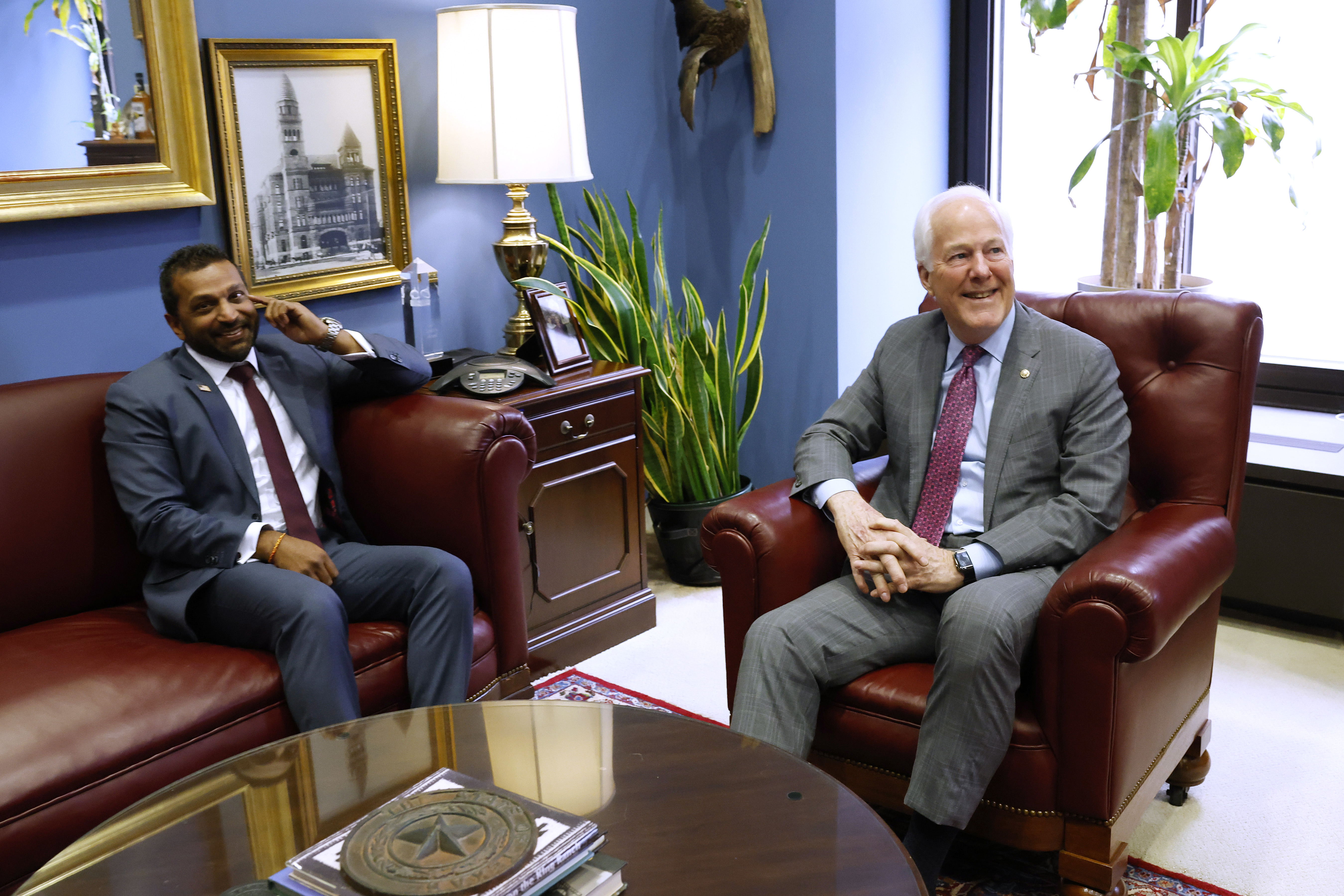 Trump’s FBI director nominee, Kash Patel, meets with Cornyn in his office in the Hart Senate Office Building on Dec. 9.