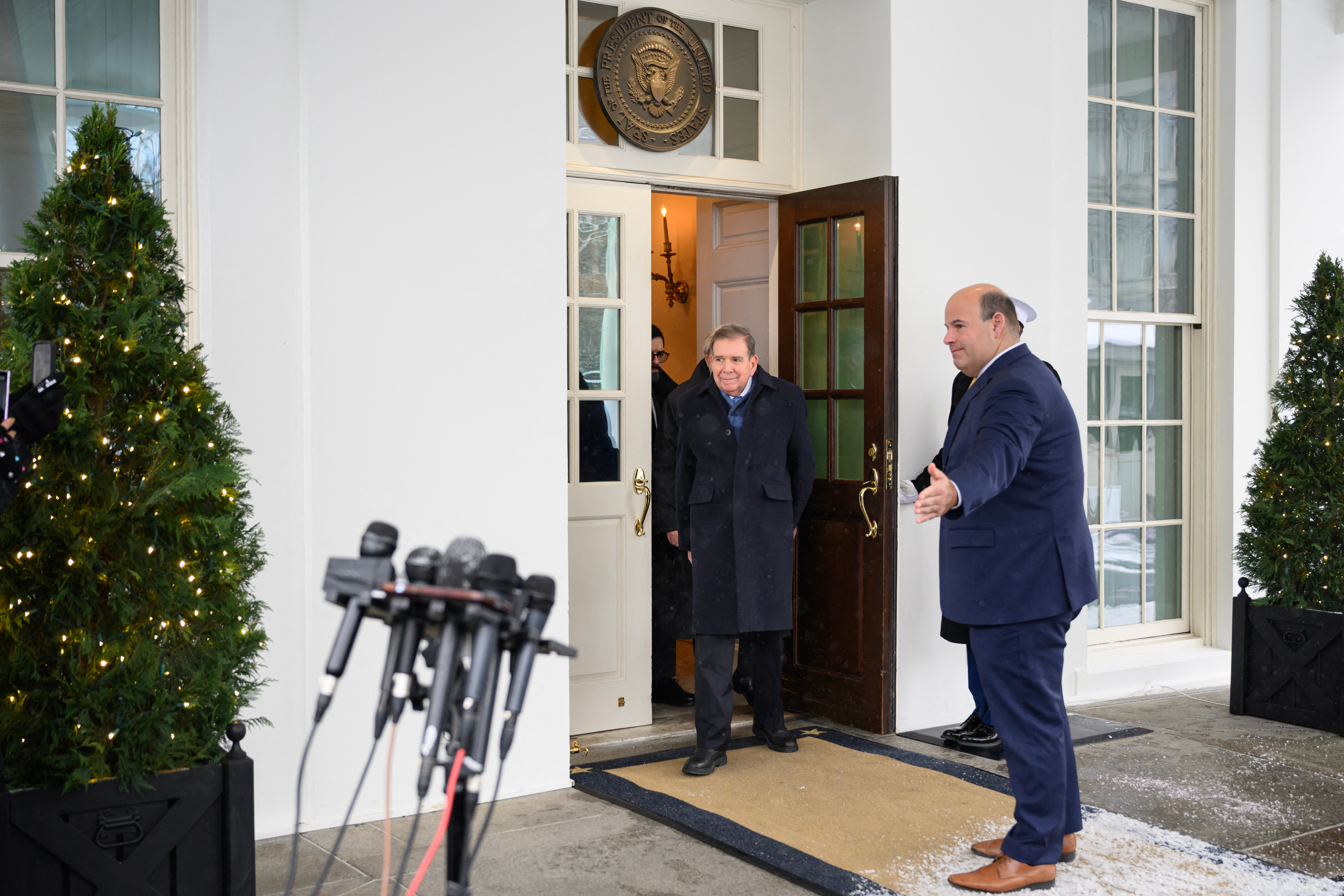 Venezuelan opposition leader González  steps out of the West Wing to speak to with reporters after meeting with President Joe Biden.